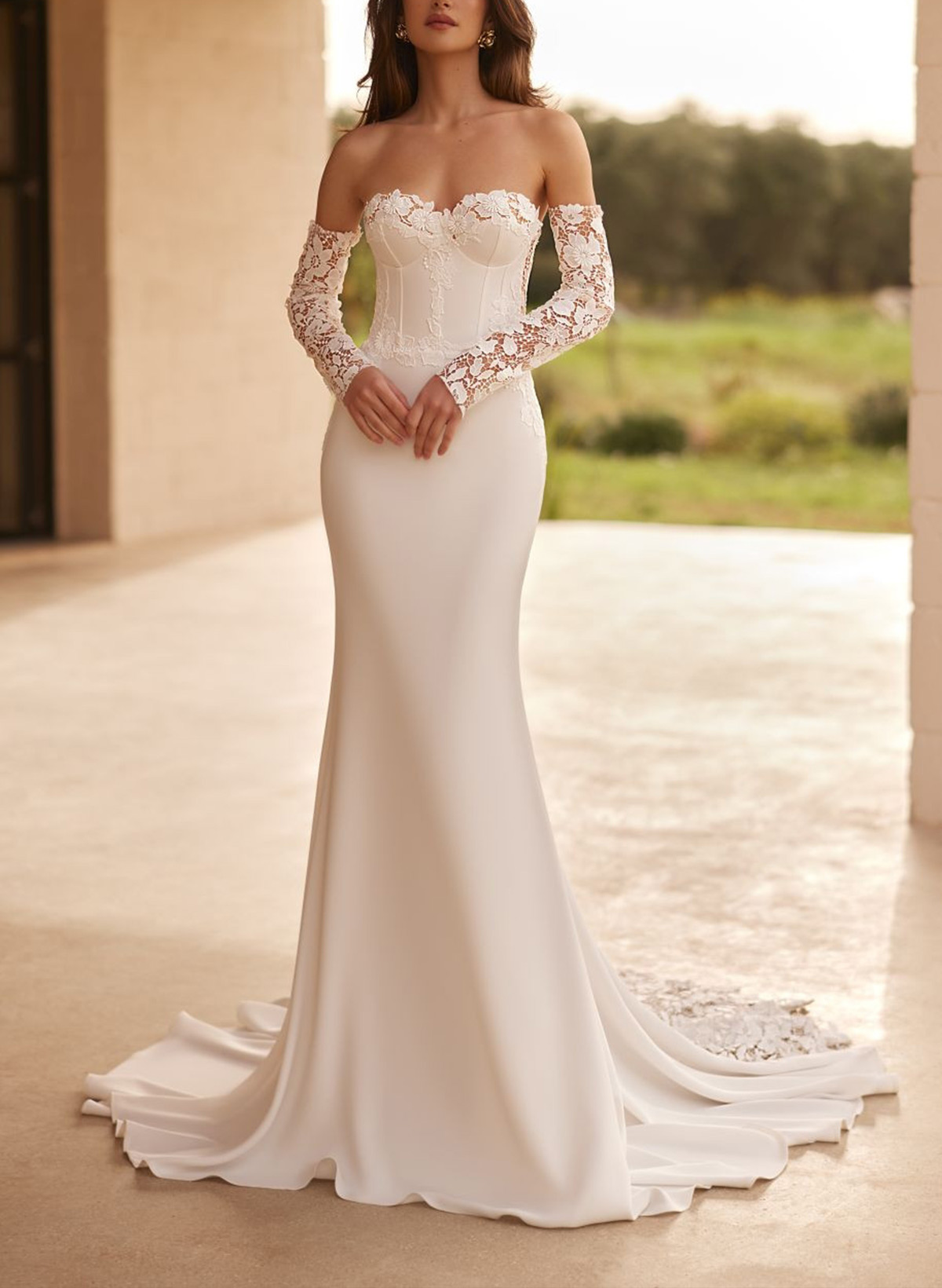 Trumpet/Mermaid Sweetheart Detachable Sleeves Sweep Train Lace/Elastic Satin Wedding Dresses