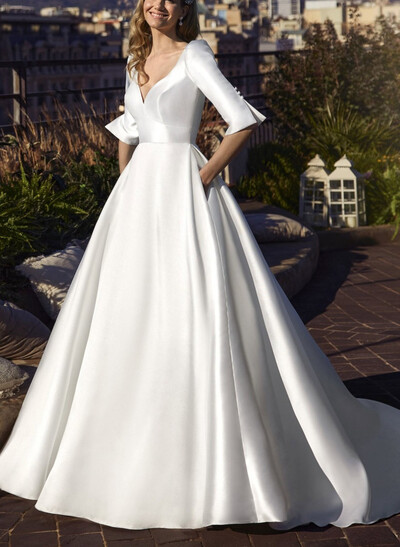 Ball-Gown V-Neck 1/2 Sleeves Royal Lace Wedding Bride With Flower(s)