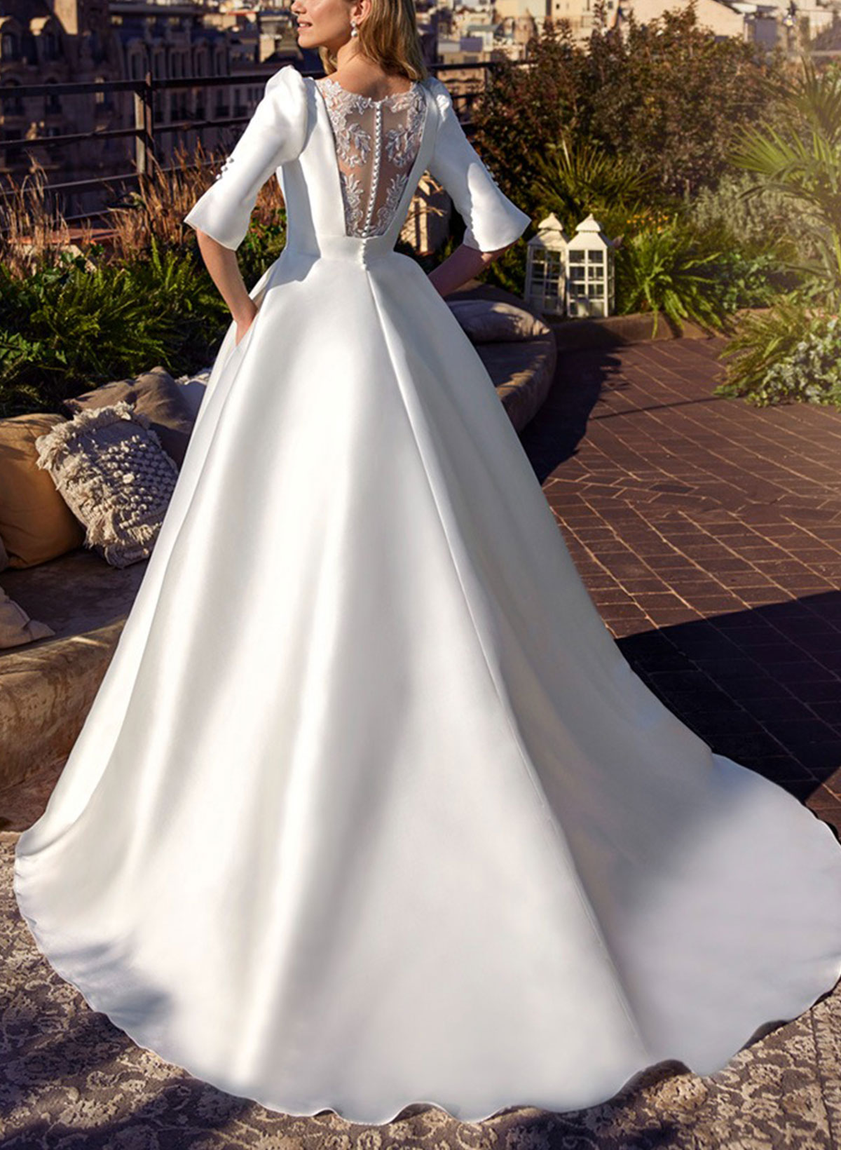 Ball-Gown V-Neck 1/2 Sleeves Royal Lace Wedding Bride With Flower(s)