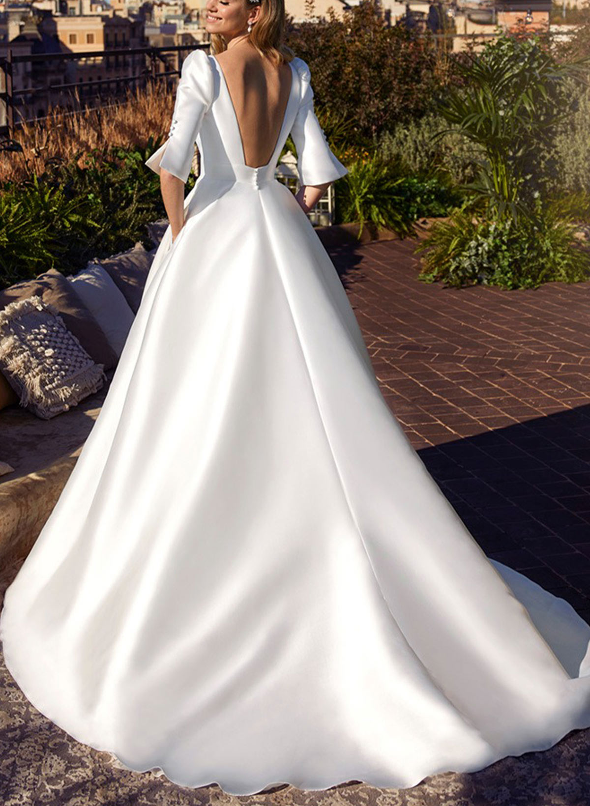 Ball-Gown V-Neck 1/2 Sleeves Royal Lace Wedding Bride With Flower(s)