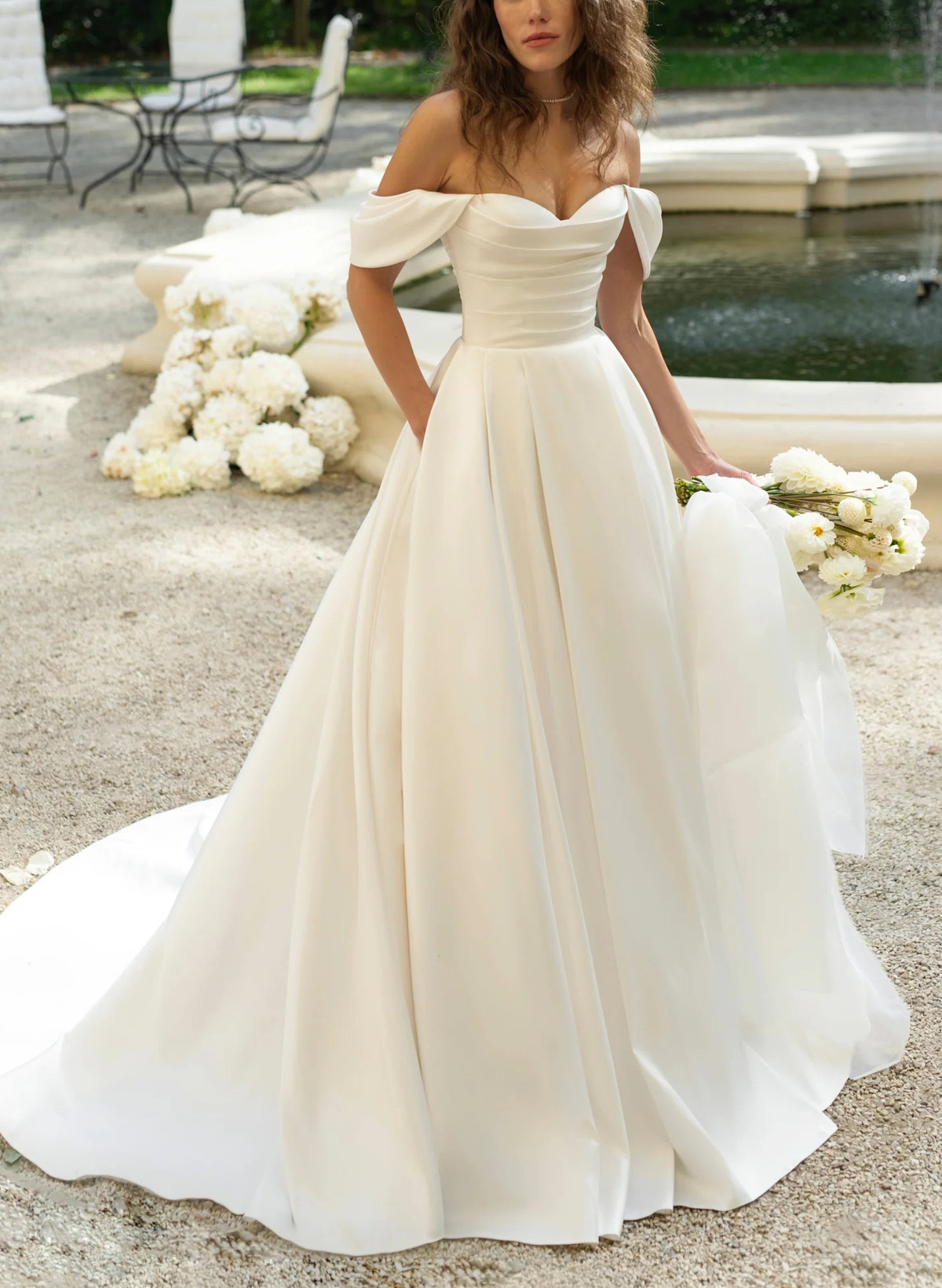 A-Line Off-The-Shoulder Court Train Imported Satin BRIDE With