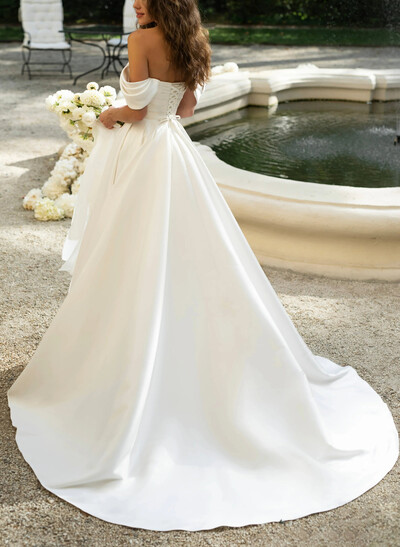 A-Line Off-The-Shoulder Court Train Imported Satin BRIDE With