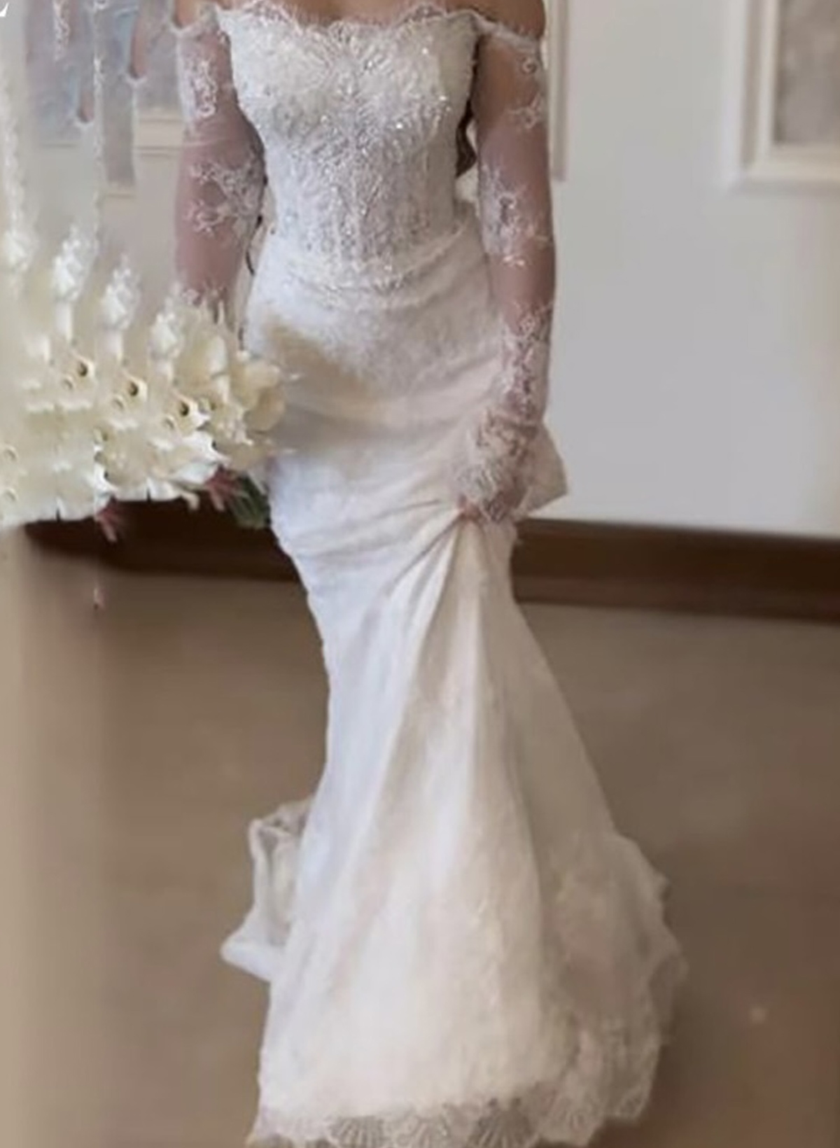 Trumpet Mermaid Off-The-Shoulder Long Sleeves Sweep Train Lace Tulle Elastic Satin Wedding Dresses With Beading Flower