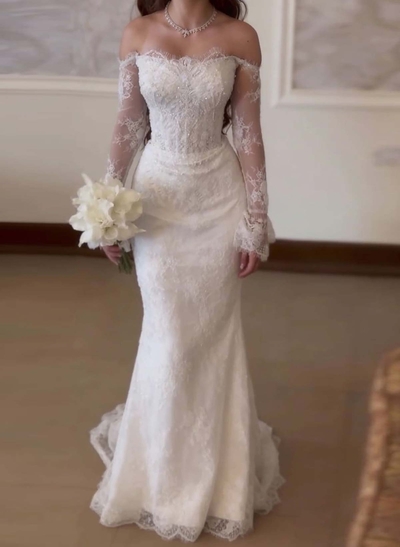Trumpet Mermaid Off-The-Shoulder Long Sleeves Sweep Train Lace Tulle Elastic Satin Wedding Dresses With Beading Flower