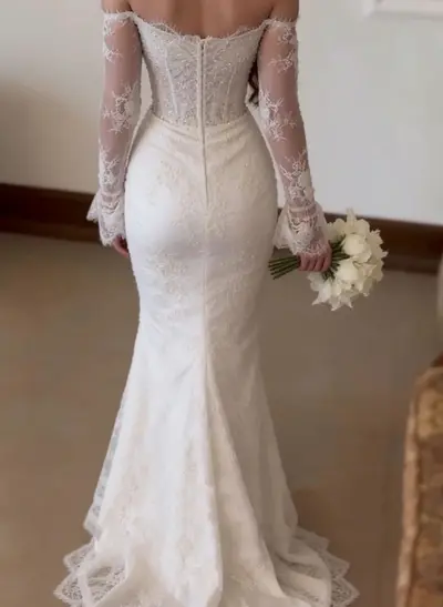 Trumpet Mermaid Off-The-Shoulder Long Sleeves Sweep Train Lace Tulle Elastic Satin Wedding Dresses With Beading Flower