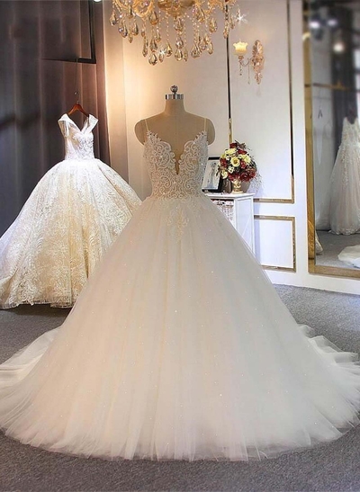 A-Line V-Neck Court Train Lace/Satin Wedding Dresses With Sequins/Appliques Lace