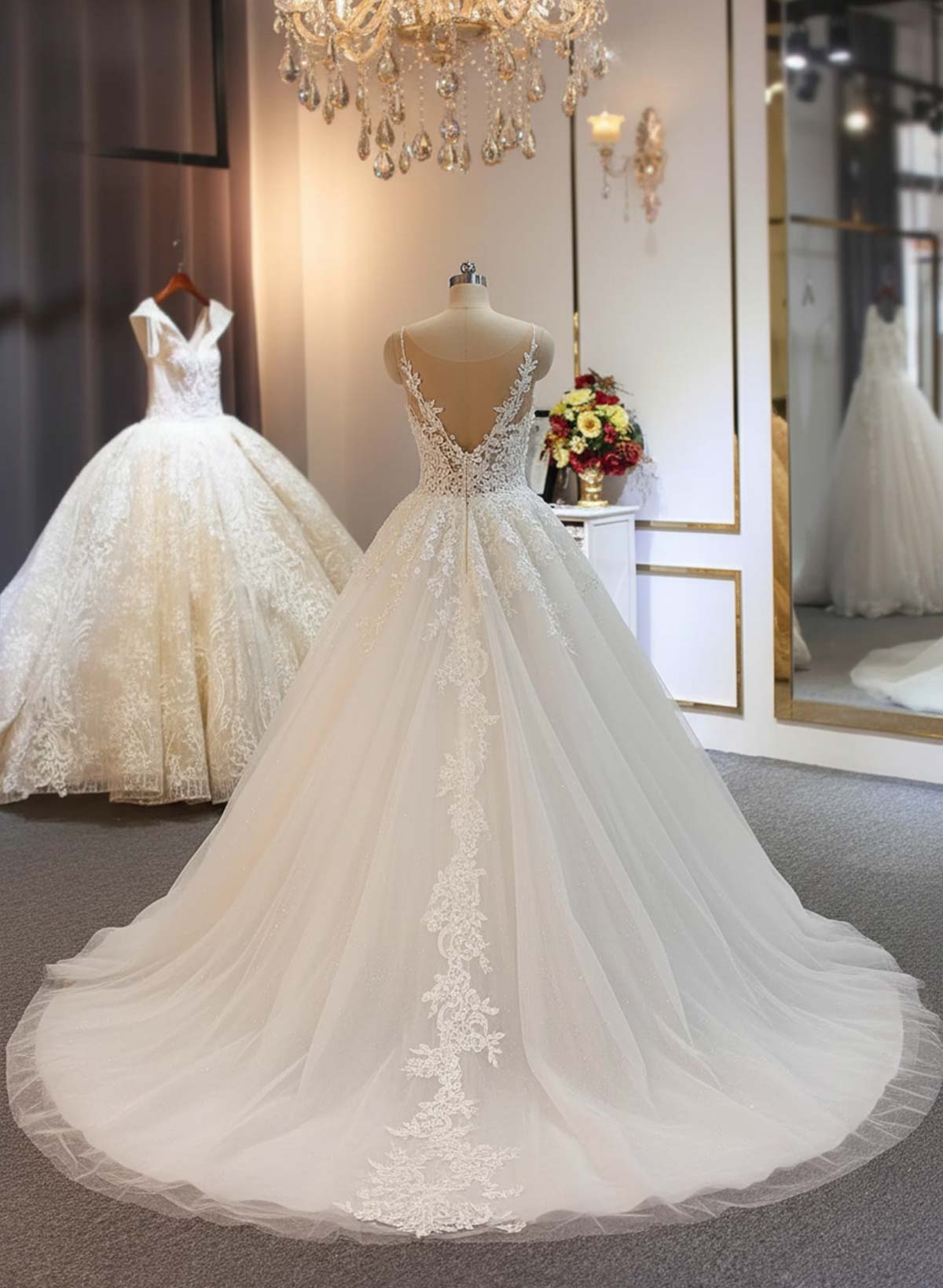 A-Line V-Neck Court Train Lace/Satin Wedding Dresses With Sequins/Appliques Lace