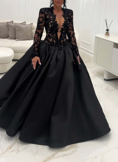 Ball-Gown Illusion Neck Long Sleeves Court Train Lace/Satin Wedding Dresses With Appliques Lace/High Split