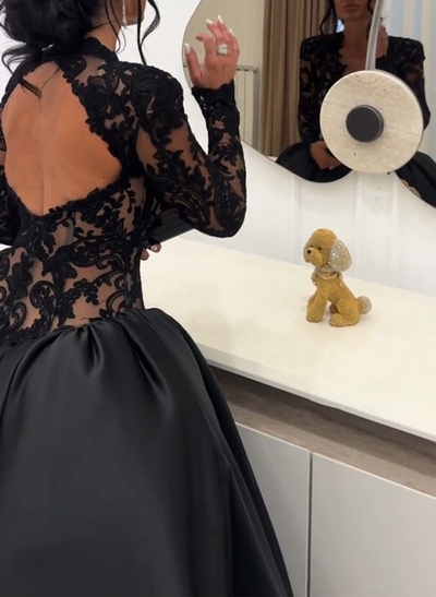 Ball-Gown Illusion Neck Long Sleeves Court Train Lace/Satin Wedding Dresses With Appliques Lace/High Split