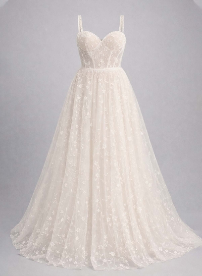 A-Line Sweetheart Sweep Train Lace/Satin Wedding Dresses With Sequins