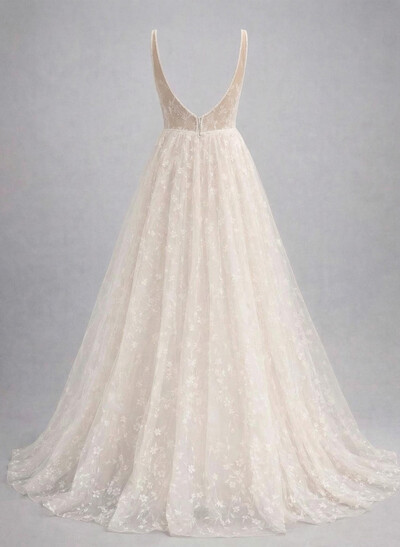 A-Line Sweetheart Sweep Train Lace/Satin Wedding Dresses With Sequins