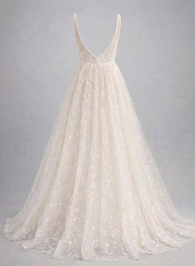 A-Line Sweetheart Sweep Train Lace/Satin Wedding Dresses With Sequins