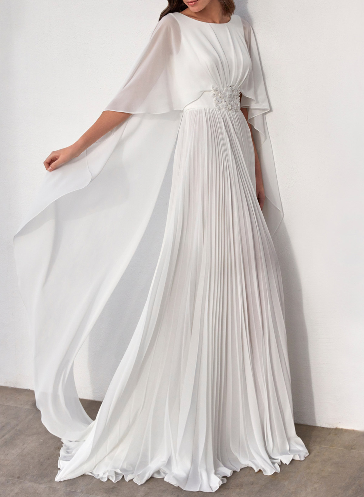 Elegant Scoop Neck Cape Sleeves A-Line Floor-Length Chiffon Wedding Dress With Pleated/Flower(s)