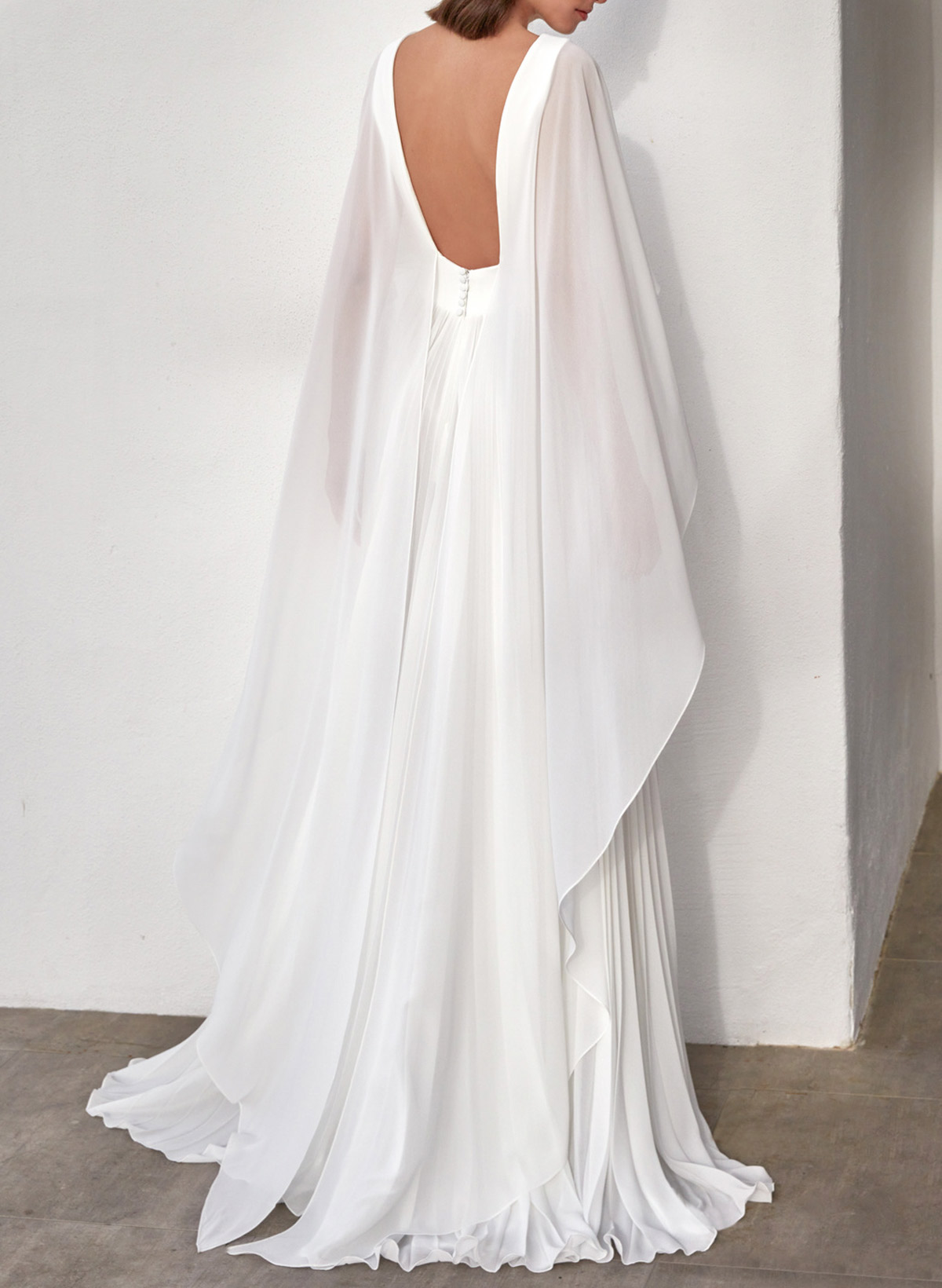 Elegant Scoop Neck Cape Sleeves A-Line Floor-Length Chiffon Wedding Dress With Pleated/Flower(s)