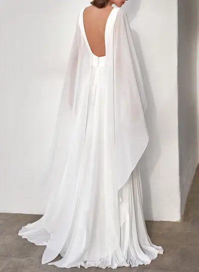 Elegant Scoop Neck Cape Sleeves A-Line Floor-Length Chiffon Wedding Dress With Pleated/Flower(s)