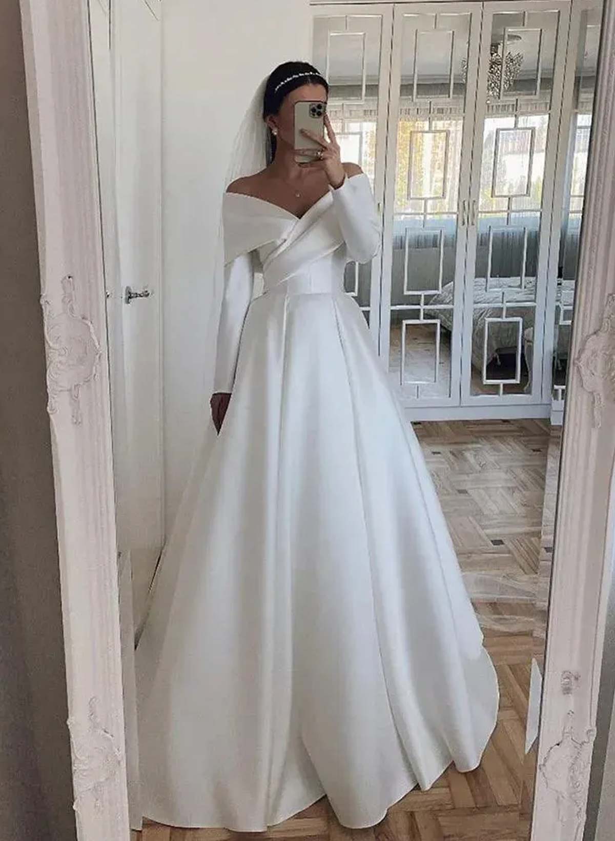 Elegant A-Line Off-The-Shoulder Long Sleeves Court Train Satin Wedding Dresses