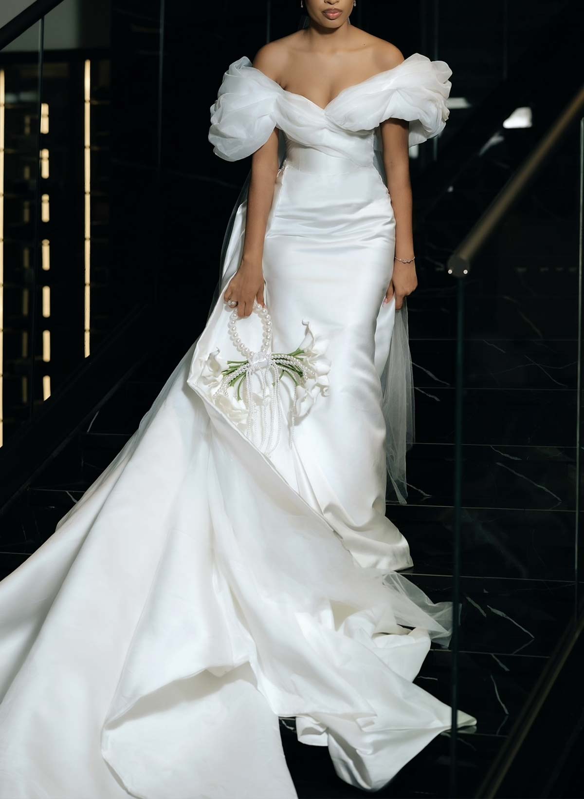 Trumpet/Mermaid Off-The-Shoulder Chapel Train Matte Satin Wedding Dresses With Bubble Hem