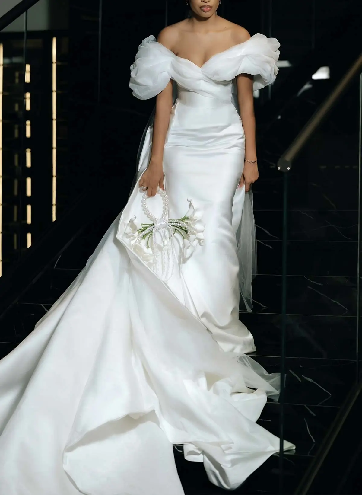 Missacc Bride Trumpet/Mermaid Off-The-Shoulder Chapel Train Matte Satin Wedding Dresses With Bubble Hem
