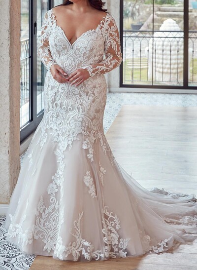 Trumpet/Mermaid V-Neck Long Sleeves Court Train Wedding Dresses Satin With Lace/Flower(s)