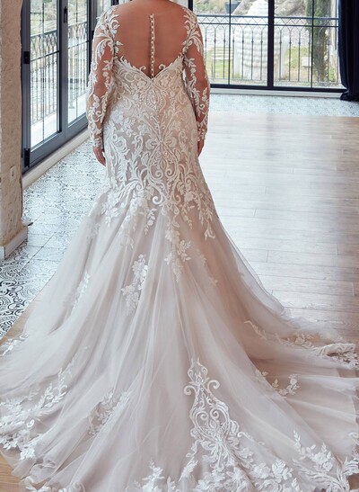 Trumpet/Mermaid V-Neck Long Sleeves Court Train Wedding Dresses Satin With Lace/Flower(s)