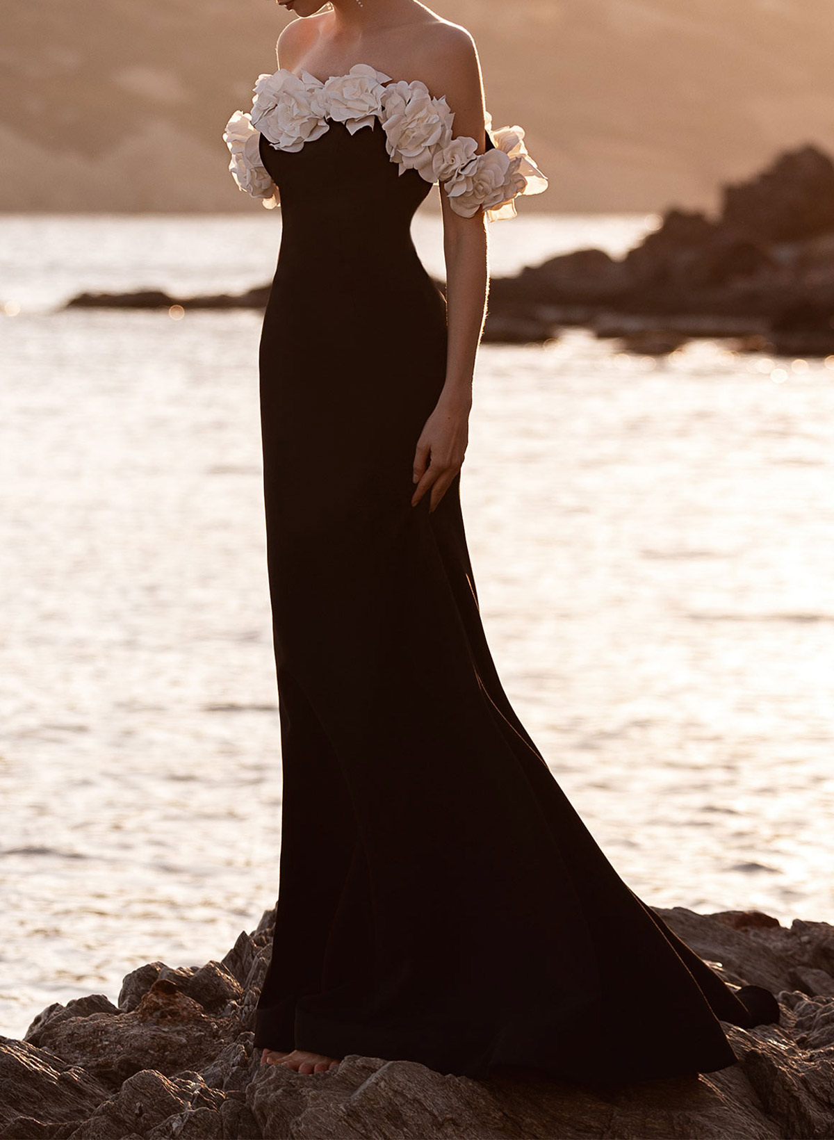 Off-The-Shoulder Trumpet/Mermaid Sleeveless Sweep Train Stretch Satin Wedding Dresses With Flowers/Shoulder Ruffle