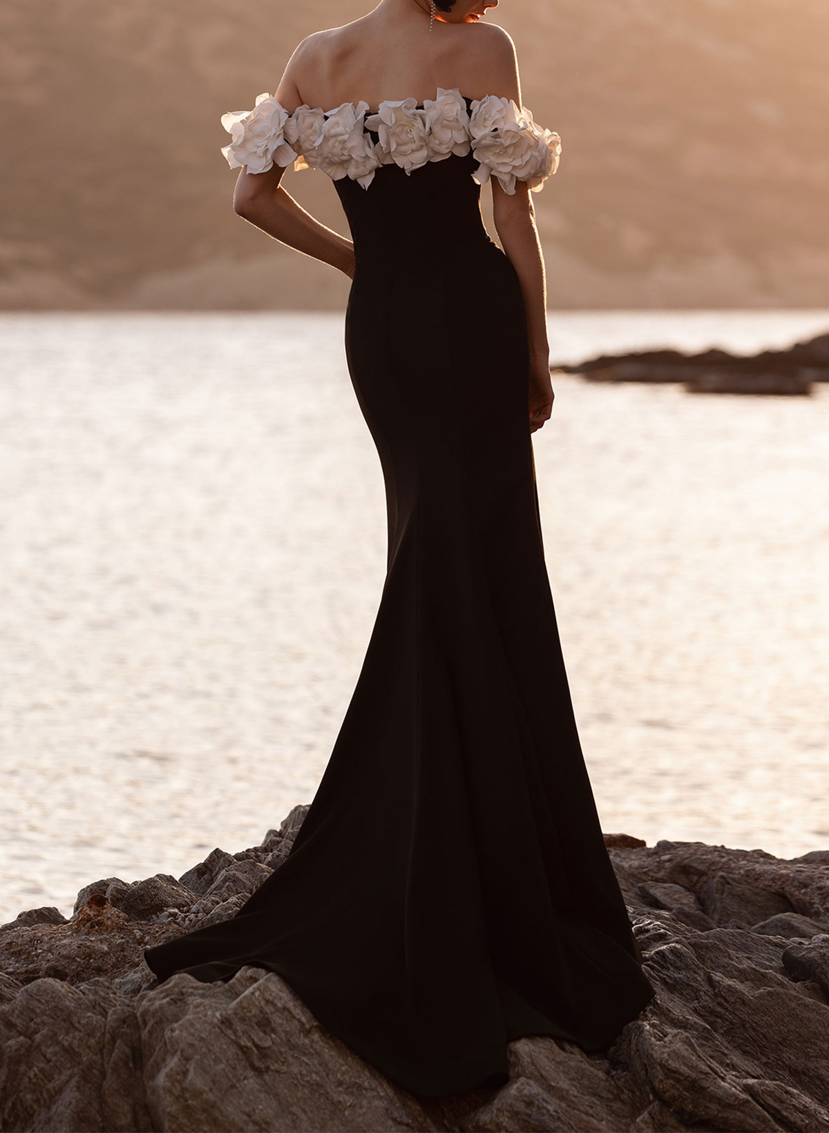 Off-The-Shoulder Trumpet/Mermaid Sleeveless Sweep Train Stretch Satin Wedding Dresses With Flowers/Shoulder Ruffle