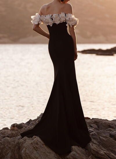 Off-The-Shoulder Trumpet/Mermaid Sleeveless Sweep Train Stretch Satin Wedding Dresses With Flowers/Shoulder Ruffle