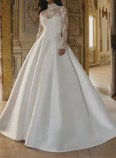 Long Sleeves/Detachable Sleeves Ball-Gown Strapless/Illusion Neck Royal Lace/Twill Satin Wedding Dresses