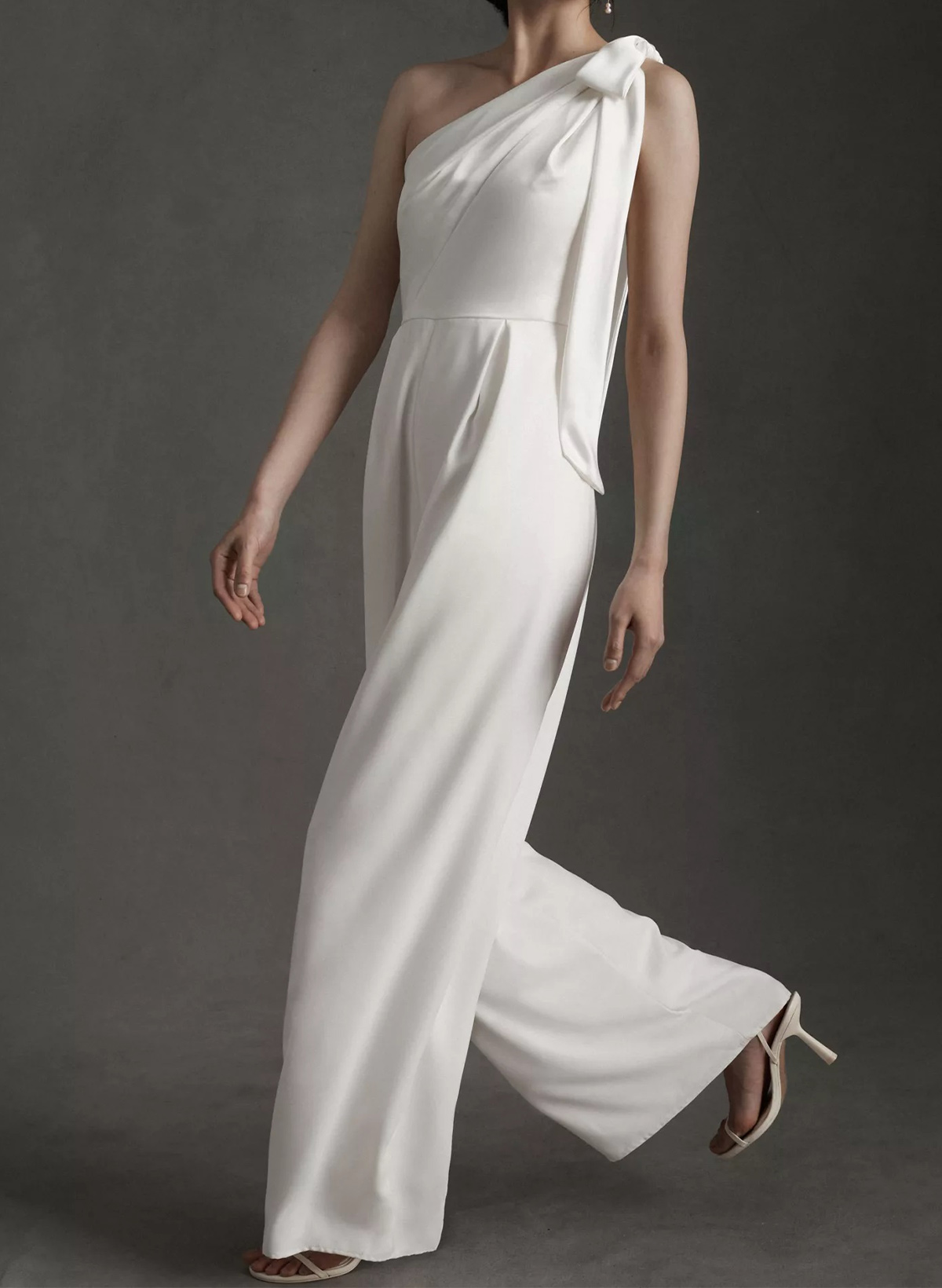 Floor-Length Matte Satin Jumpsuit/Pantsuit One-Shoulder Sleeveless Wedding Dresses With Bow