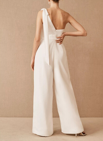 Floor-Length Matte Satin Jumpsuit/Pantsuit One-Shoulder Sleeveless Wedding Dresses With Bow