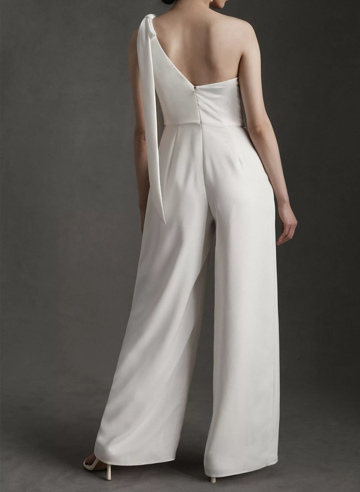 Floor-Length Matte Satin Jumpsuit/Pantsuit One-Shoulder Sleeveless Wedding Dresses With Bow