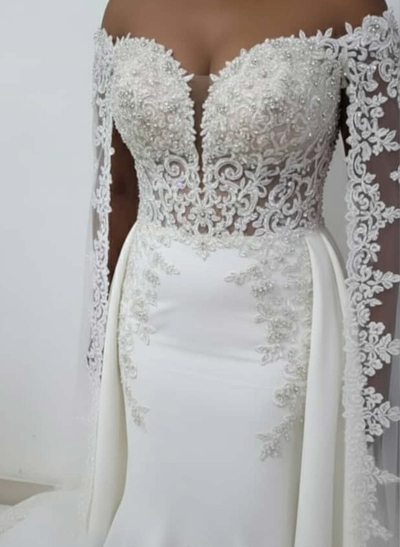 Sheath/Column Off-The-Shoulder Court Train Lace/Elastic Satin Wedding Dress With Beading/Appliques Lace