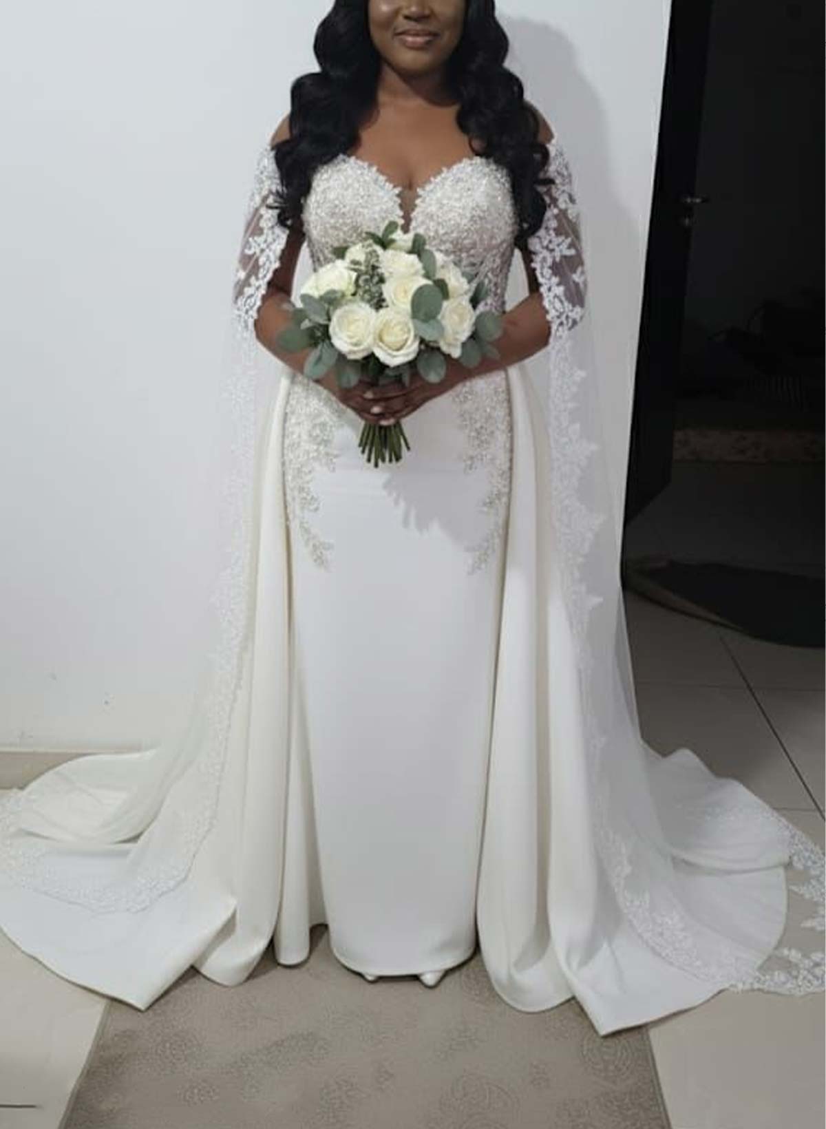 Sheath/Column Off-The-Shoulder Court Train Lace/Elastic Satin Wedding Dress With Beading/Appliques Lace