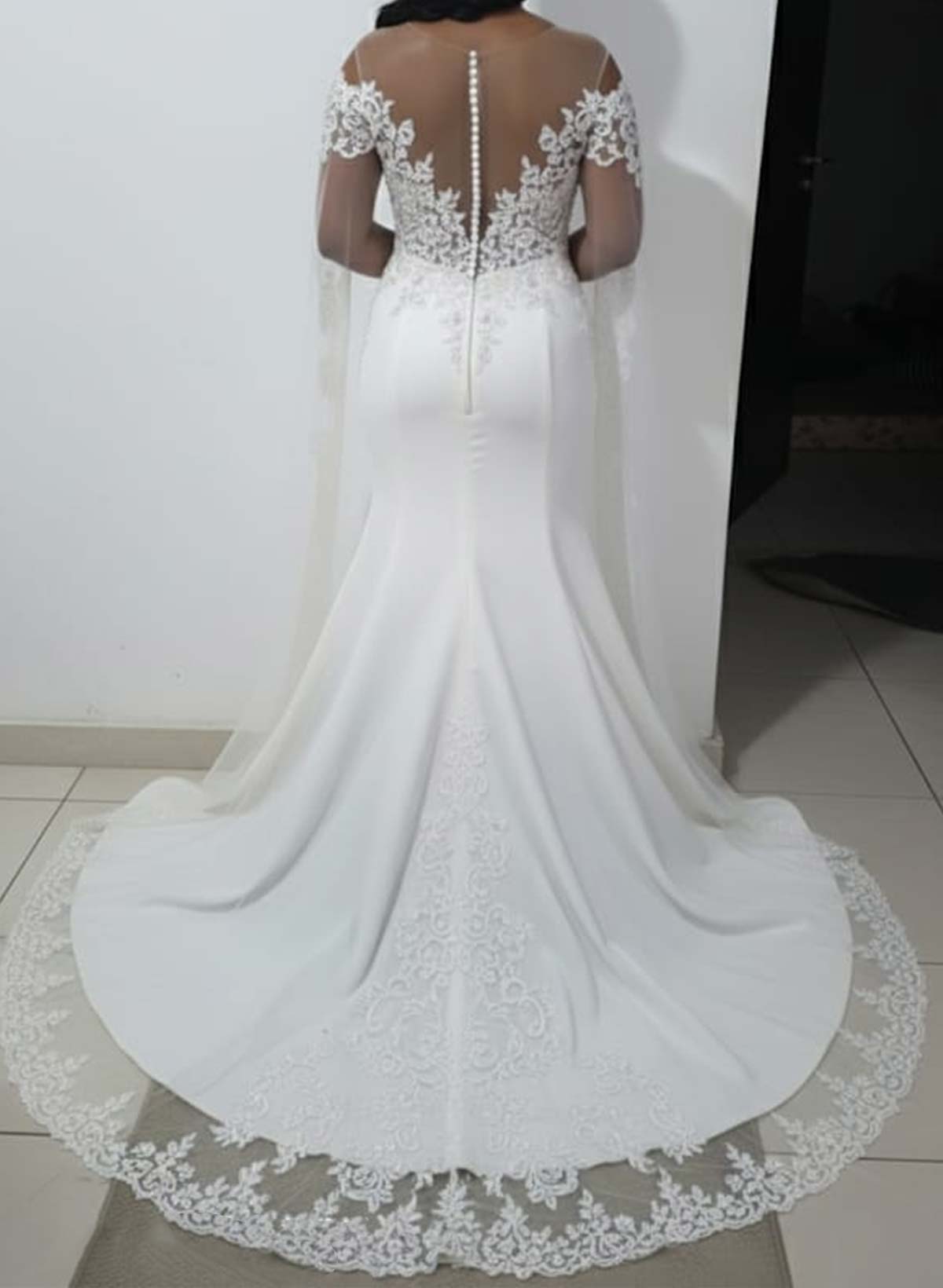 Sheath/Column Off-The-Shoulder Court Train Lace/Elastic Satin Wedding Dress With Beading/Appliques Lace