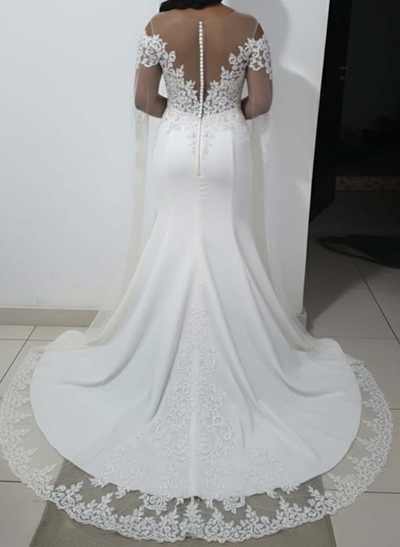 Sheath/Column Off-The-Shoulder Court Train Lace/Elastic Satin Wedding Dress With Beading/Appliques Lace