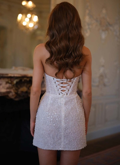 Sheath/Column Strapless Short/Mini Lace/Elastic Satin Wedding Dresses With Beading/Sequins