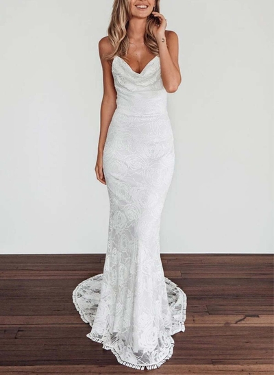 Trumpet/Mermaid Cowl Neck Sleeveless Sweep Train Lace/Elastic Satin Wedding Dresses With Flower(s)