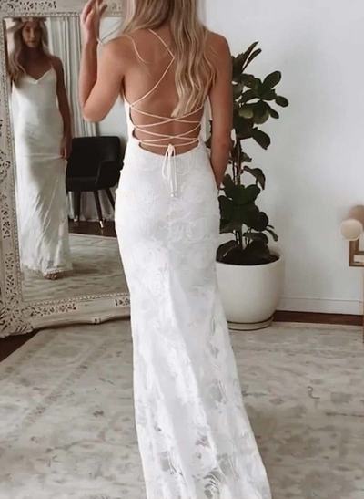 Trumpet/Mermaid Cowl Neck Sleeveless Sweep Train Lace/Elastic Satin Wedding Dresses With Flower(s)