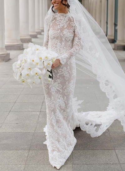 Trumpet/Mermaid High Neck Long Sleeves Court Train Lace Wedding Dresses With Back Hole