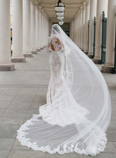 Trumpet/Mermaid High Neck Long Sleeves Court Train Lace Wedding Dresses With Back Hole