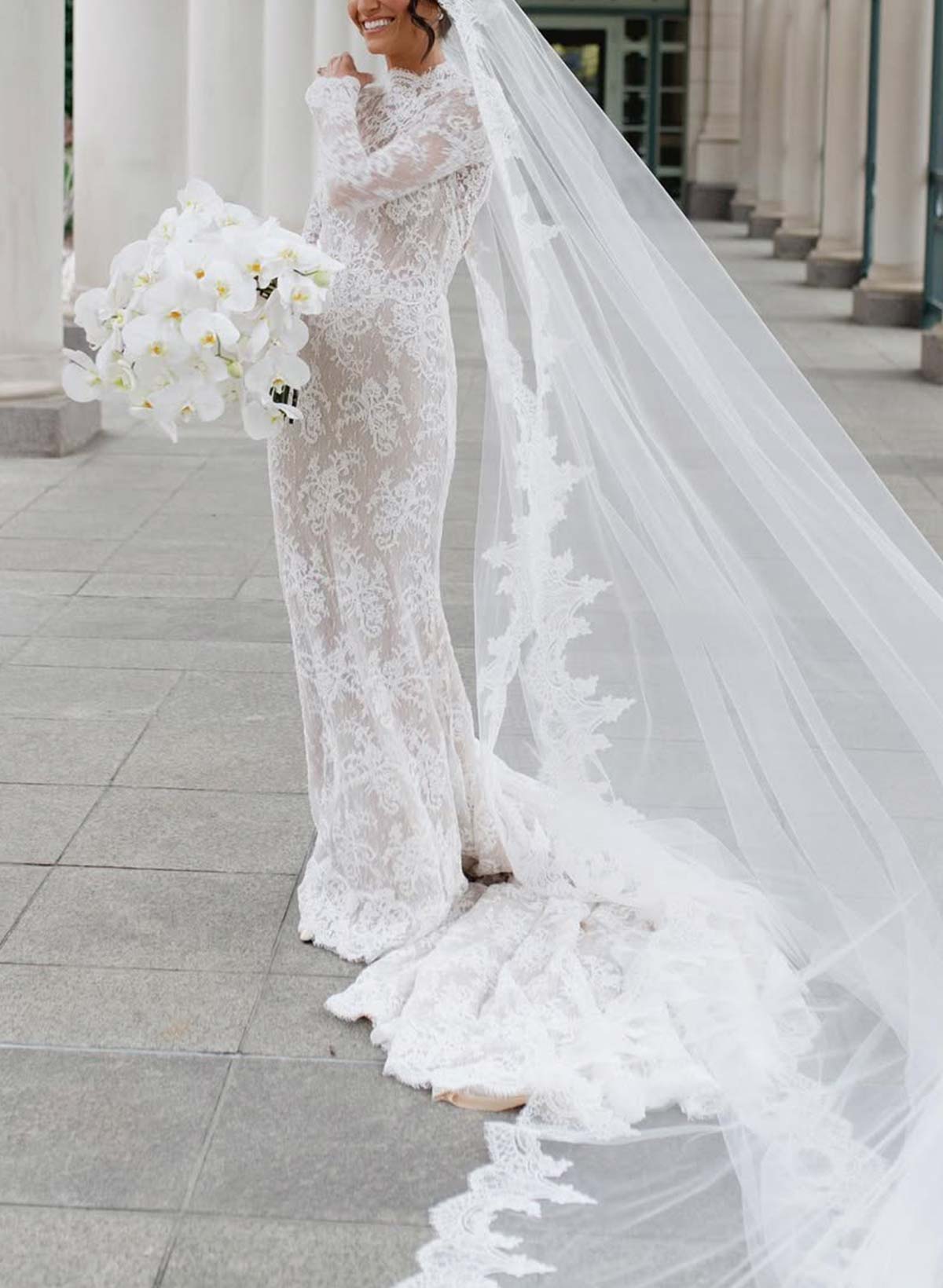 Trumpet/Mermaid High Neck Long Sleeves Court Train Lace Wedding Dresses With Back Hole