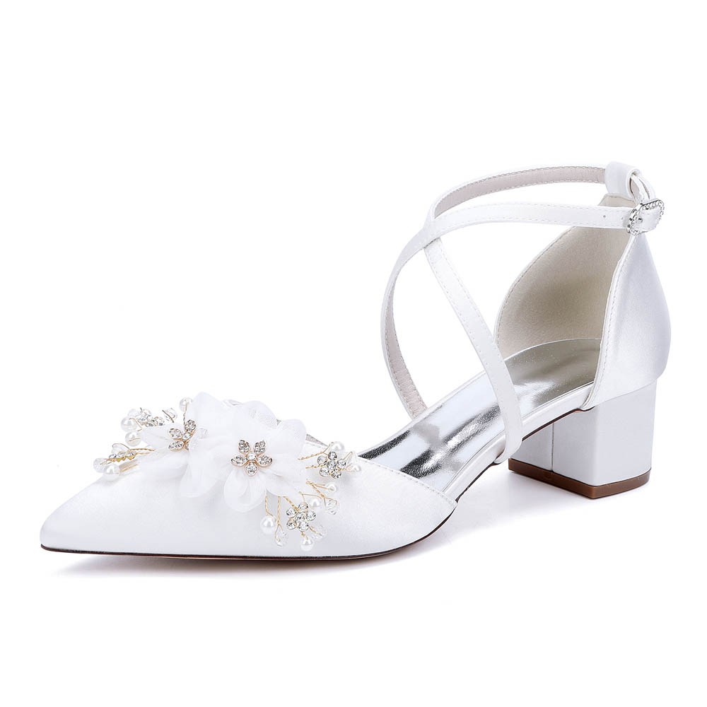 Low Heel Silk Like Satin Point Toe Wedding Shoes With Rhinestone/Imitation Pearl