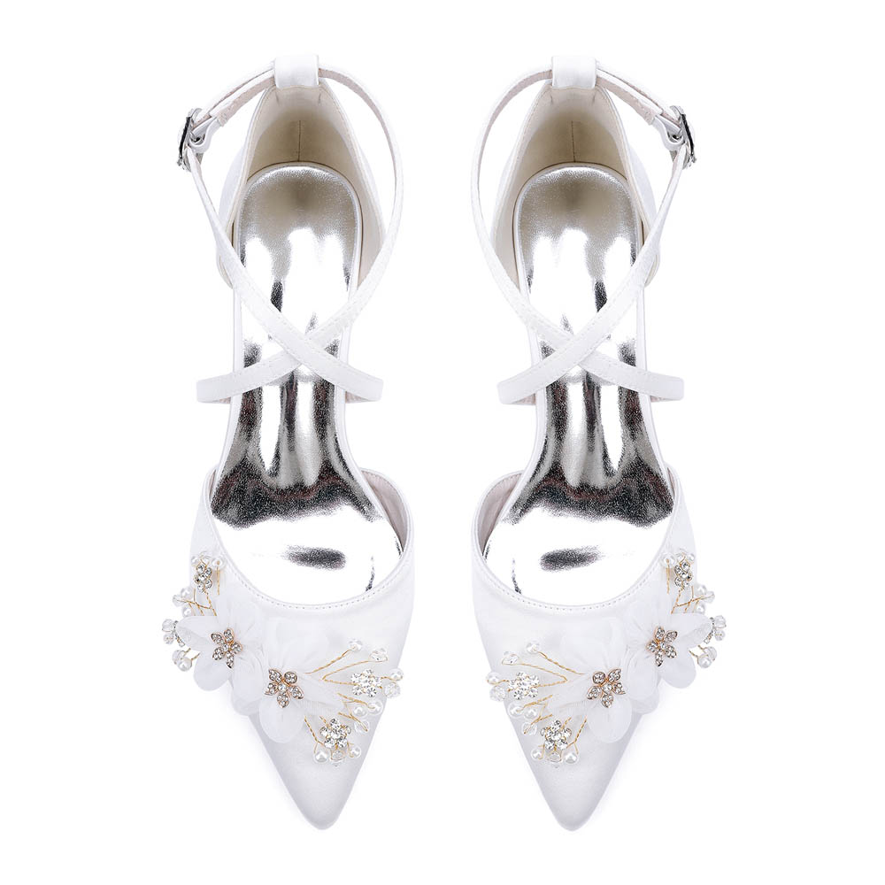 Low Heel Silk Like Satin Point Toe Wedding Shoes With Rhinestone/Imitation Pearl