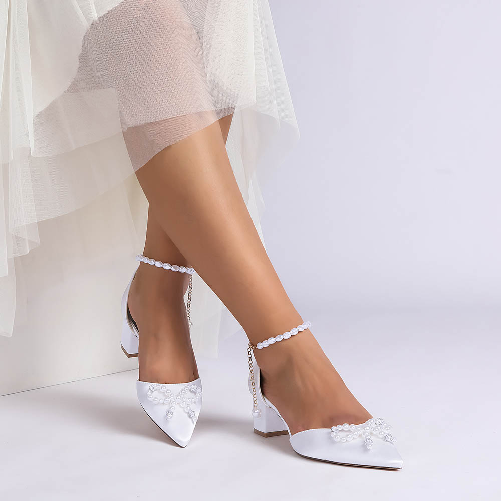 Low Heel Silk Like Satin Point Toe Wedding Shoes With Imitation Pearl/Bowknot