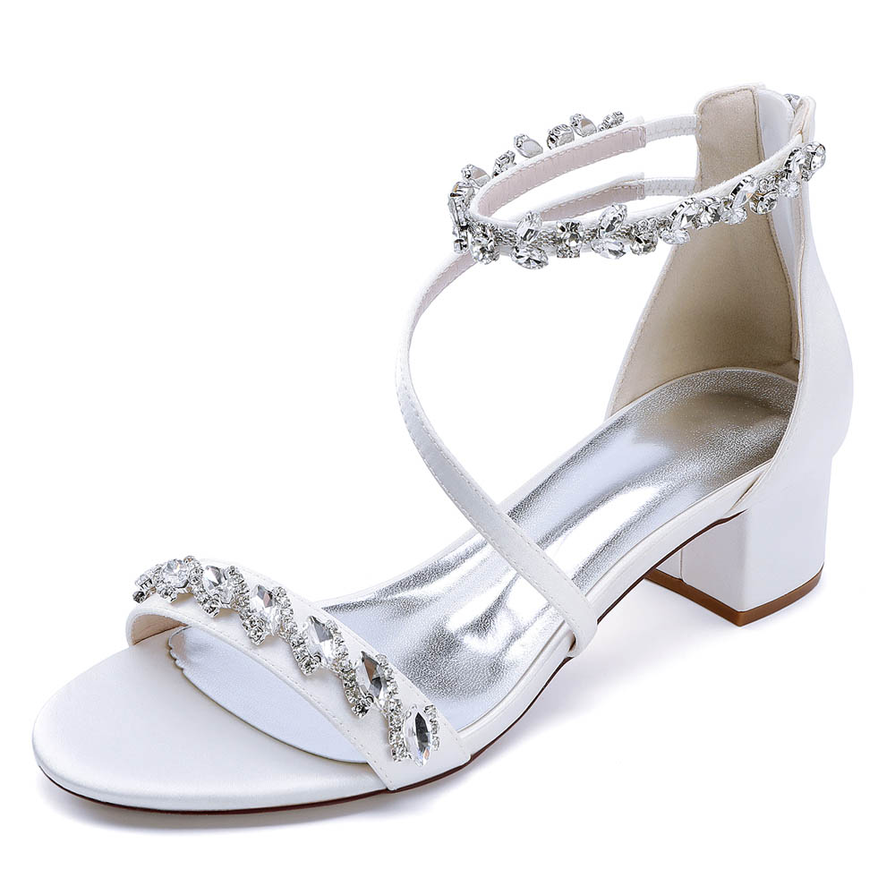 Low Heel Silk Like Satin Open Toe Wedding Shoes With Rhinestone