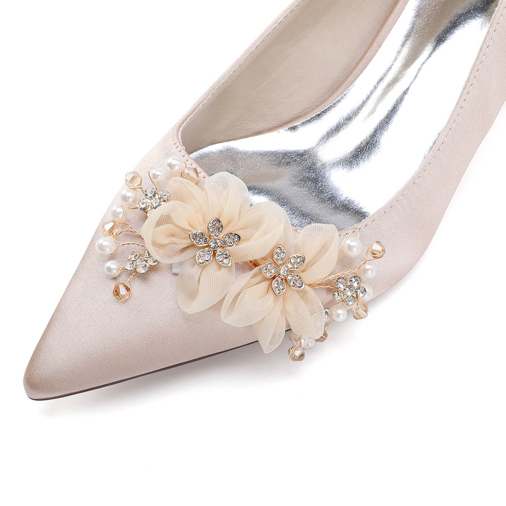 Low Heel Silk Like Satin Point Toe Wedding Shoes With Rhinestone/Imitation Pearl/Flower