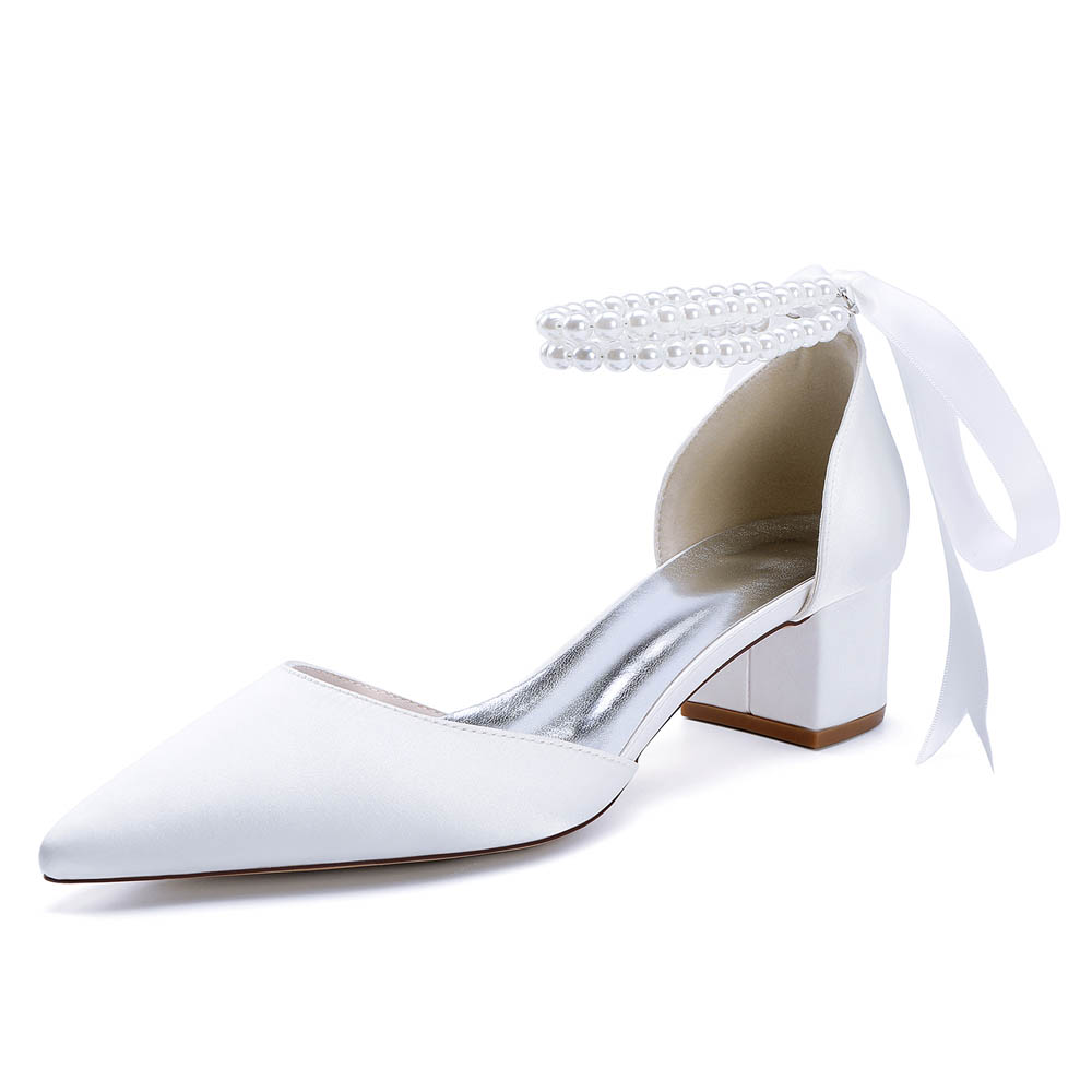 Low Heel Silk Like Satin Point Toe Wedding Shoes With Imitation Pearl