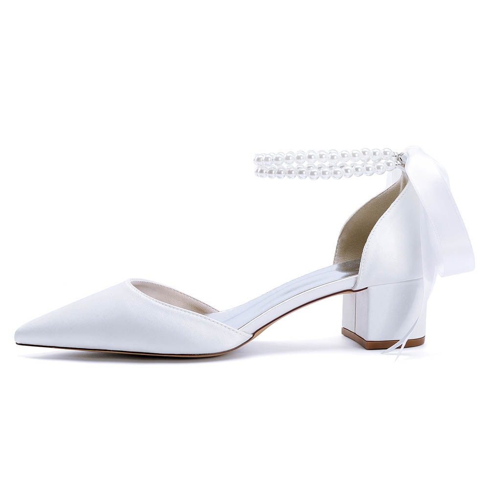 Low Heel Silk Like Satin Point Toe Wedding Shoes With Imitation Pearl