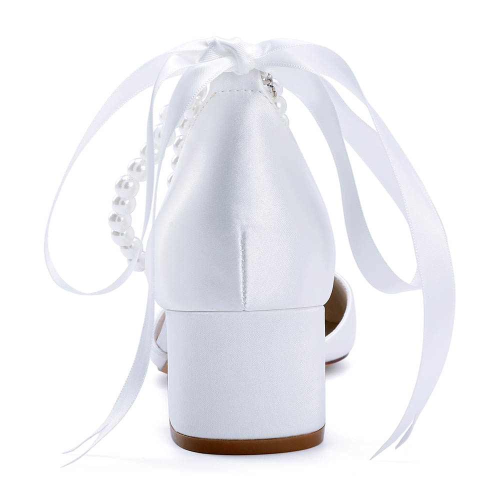 Low Heel Silk Like Satin Point Toe Wedding Shoes With Imitation Pearl