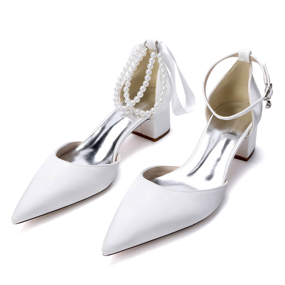 Low Heel Silk Like Satin Point Toe Wedding Shoes With Imitation Pearl